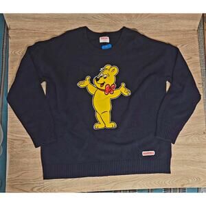 NEW Haribo Gummy Bear Blue Navy Crew Neck Goldbear Sweater Womens Size LG Large